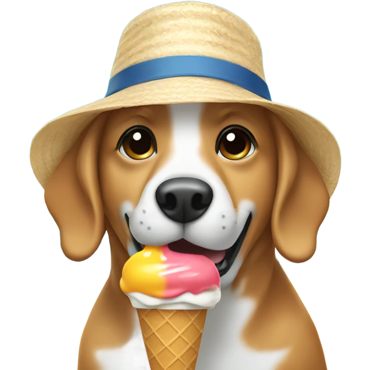 Dog eating ice cream with a beach hat emoji