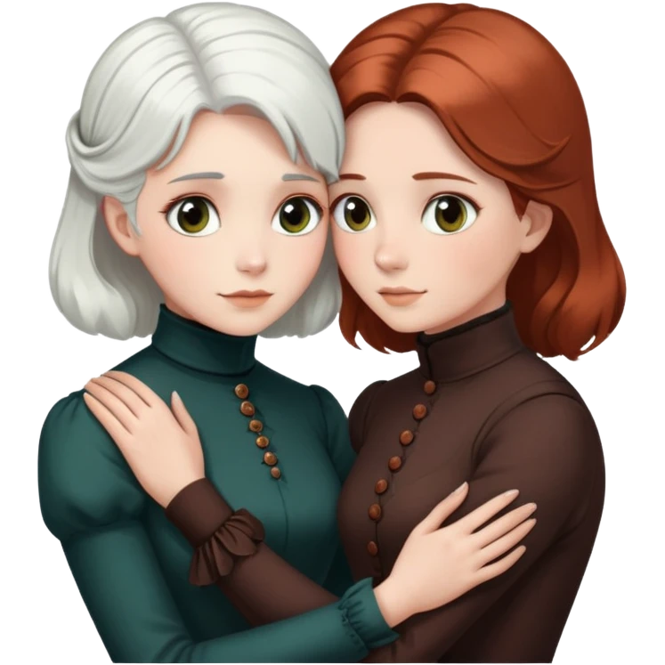 Two Victorian women with light eyes, one with white hair and one with dark copper hair, wearing Victorian turtleneck dresses, hugging each other closely emoji