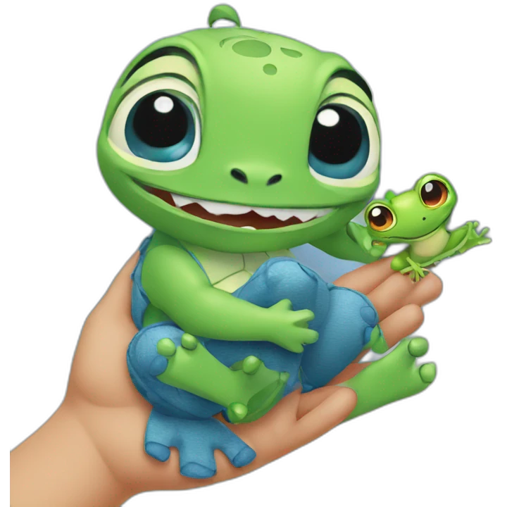 Stitch having frog in his hand emoji