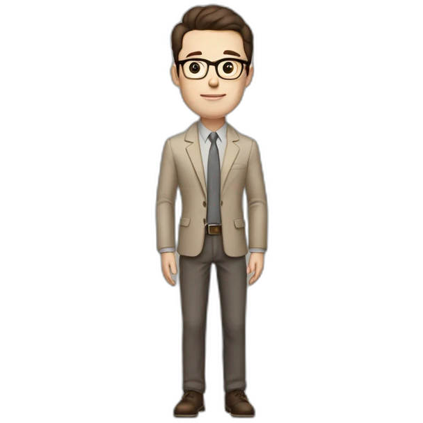 Full height Pale skinned Fit Man With dark brown hair in gray classic jacket, beige office shirt, Brown pants and vintage glasses. Thrumbs of his palms upwards emoji