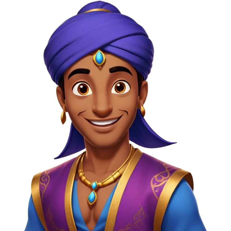 Cinematic Realistic Aladdin Portrait, head tilted dramatically with an exaggeratedly amused expression, featuring vibrant eyes and a slight, roguish grin. His detailed attire and subtle magical accents are brought to life with dynamic lighting and vivid textures, capturing a rare, playful burst of humor from a daring street-wise adventurer. emoji