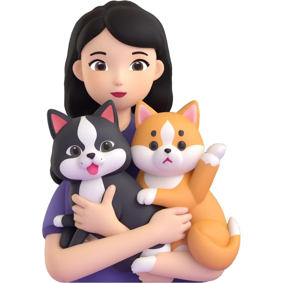 girl with black shoulder-length hair wearing a black tight-fitting top with a calico cat with white mouth and a shiba inu dog emoji