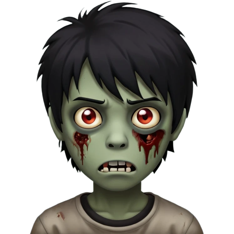 Boy, zombie, black hair, medium long, emo, shaggy, dark, spooky, creepy expression emoji