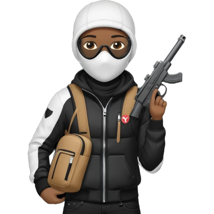 YN wearing a ski mask, holding a gun, all black fit, black jeans, Sprayground bookbag, confident stance emoji