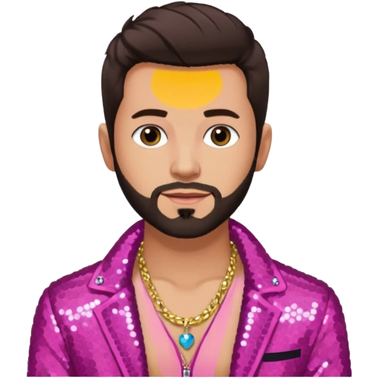 Frankie Zulferino, Pop Singer (b.1990) with dark brown hair and short beard, dark pink sequin jacket, light tan skin, shirtless with necklace emoji