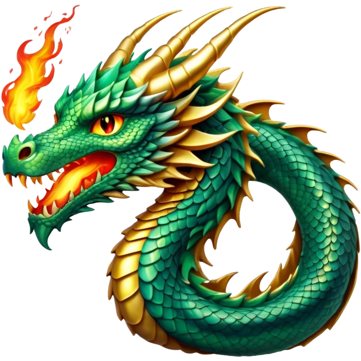 cinematic-noble-dragon-portrait-emoji,-poised-and-majestic,-with-a-sinuous, breathing raging fire breath, -elongated-body-covered-in-intricately-detailed,-shimmering-scales-in-hues-of-emerald-and-gold,-and-piercing,-fiery-eyes-that-reflect-ancient-wisdom; Breathing fire emoji