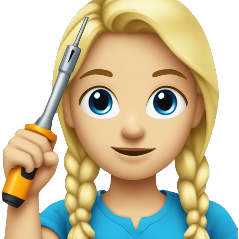 young blonde Female wearing a bright blue shirt holding a screwdriver in hand emoji