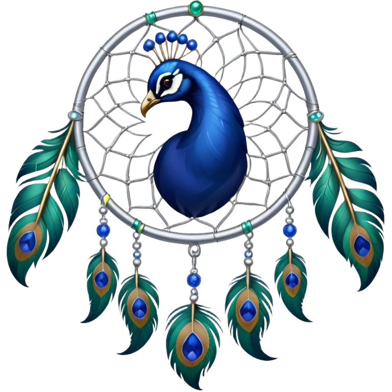 a Silver Dreamcatcher with sapphire-stones and emerald-stones, and with peacock-feathers emoji
