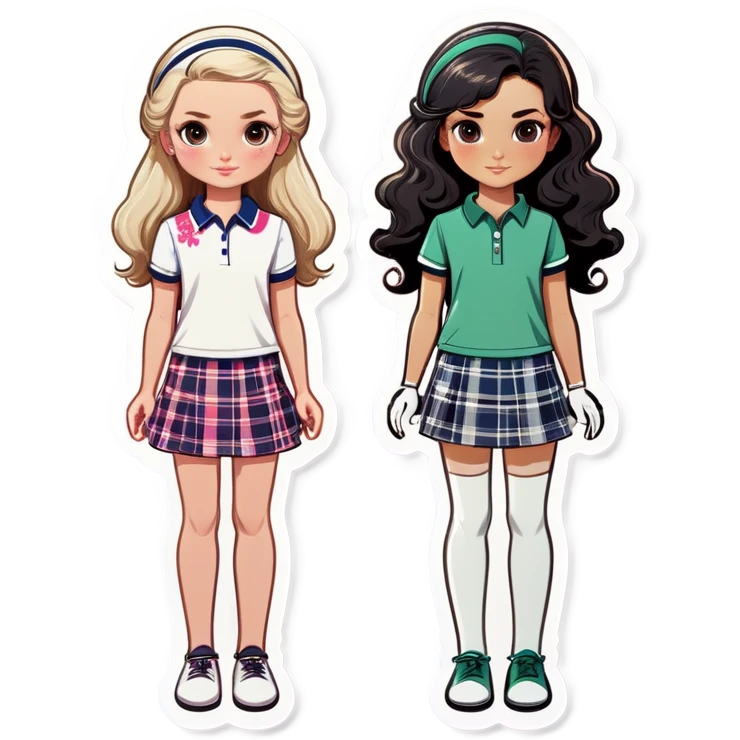  one  girl with shortish straight black hair and white skin with golf clothes on, one American girl with long curly dirty blond hair and a floral dress on.   emoji