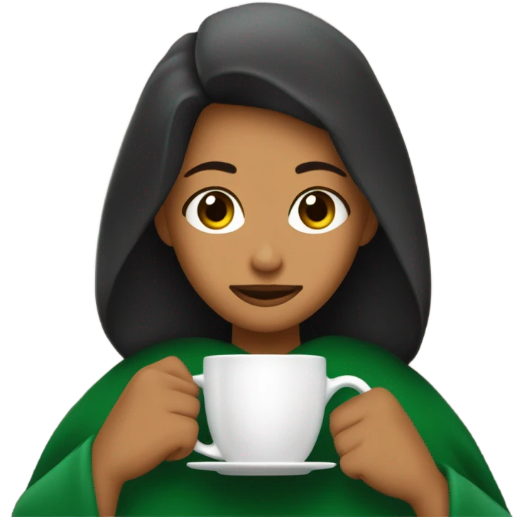 mujer pelo café oscuro ojos verdes tapada con una manta y con un café en las manos  emoji