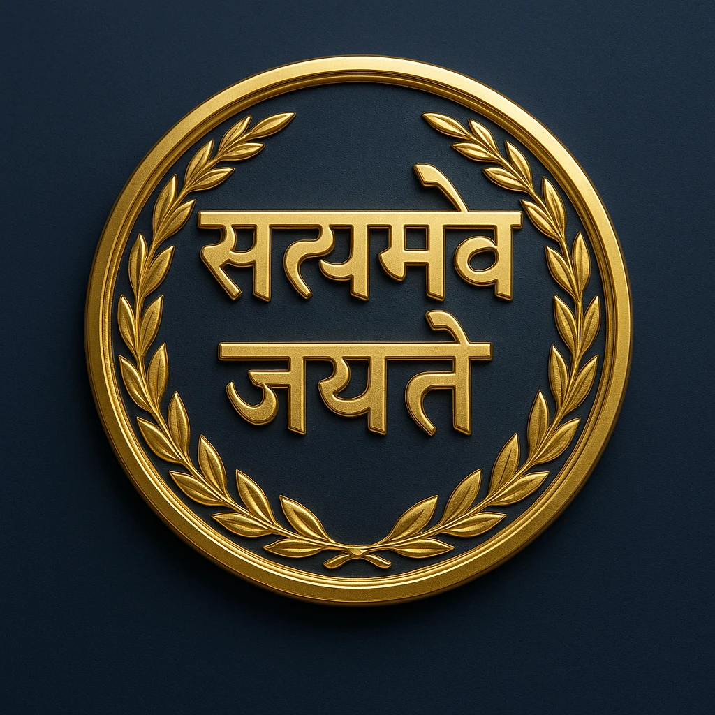Satyamev Jayate logo in golden color on a dark blue background, elegant and bold, suitable for official use emoji