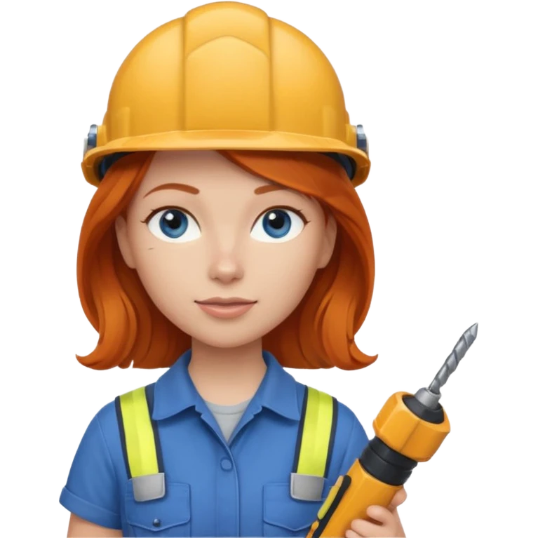 A ginger haired girl blue eyes, handyman Outfit, wearing a Helmet, with drill emoji