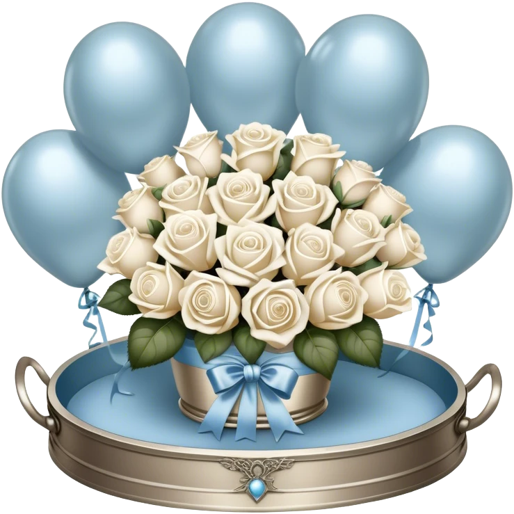 Set against a warm beige and pearl-colored lace backdrop, a bouquet of creamy white roses intertwined with pale blue blooms is wrapped in a soft champagne-colored velvet ribbon, forming a perfect bow. The bouquet rests on an antique silver tray, its delicate engravings catching the soft glow of candlelight. Hovering above, a trio of metallic pearl balloons in soft ivory and rose gold tones sway gently, their surfaces gleaming with a muted, vintage-inspired sheen. emoji