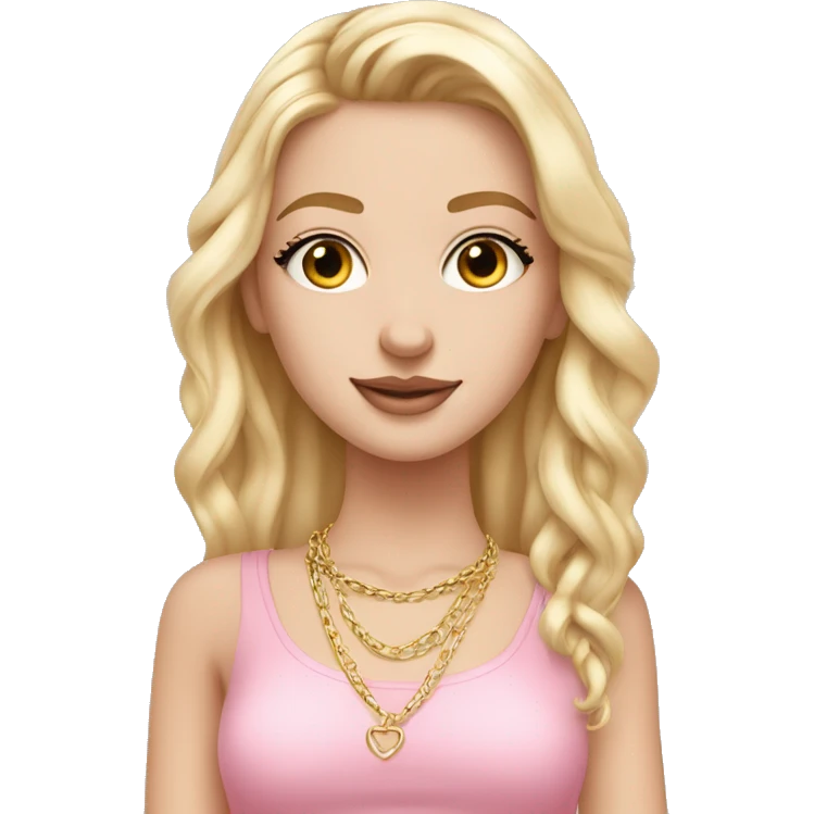 Pretty white girl with long eyelashes, wearing a cute pink crop top and a gold chain necklace emoji