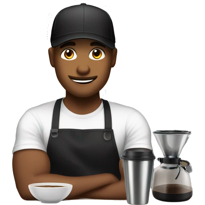 barista making coffee in black apron and black t-shirt in cap emoji