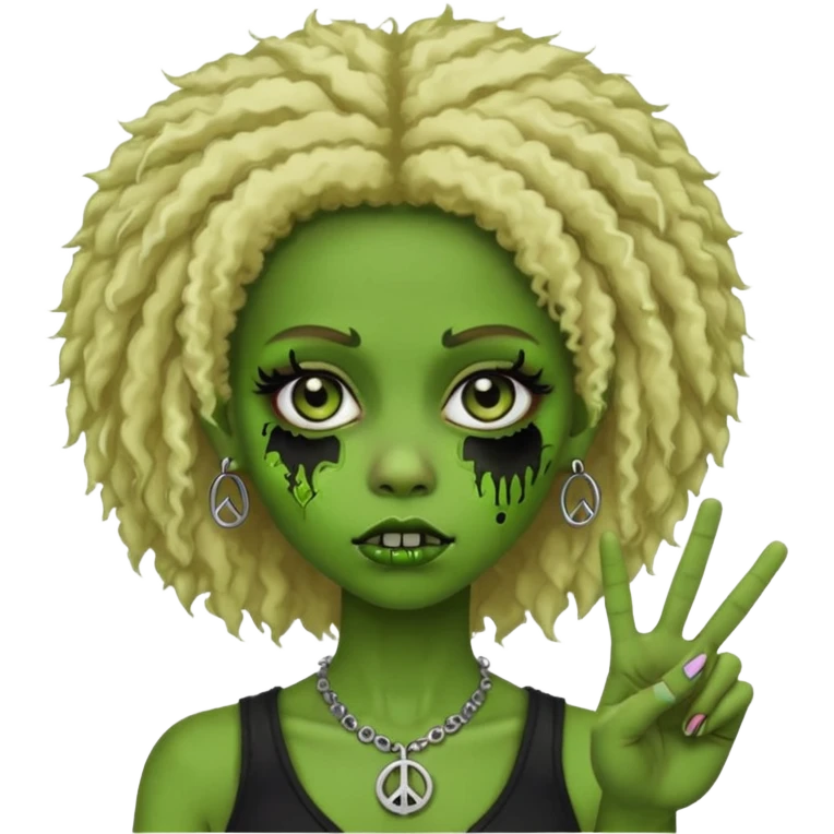 girl, green zombie,blonde afro, medium long, shaggy, dark, spooky,double eyebrow dermal piercing,peace sign emoji
