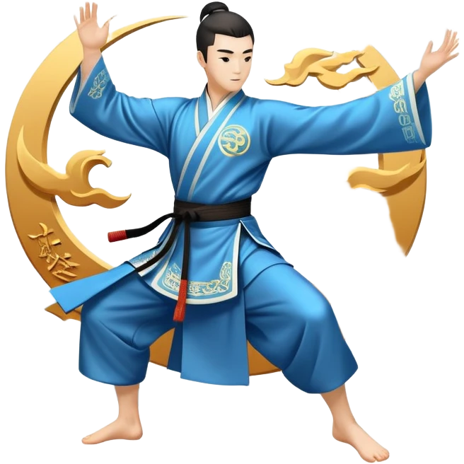 Emblem symbolizing Wushu martial arts. A graceful martial artist performs a dynamic kung fu pose, with flowing movements and a long, elegant robe. The background features stylized clouds and traditional Chinese symbols, representing fluidity, balance, and precision. Transparent background. emoji