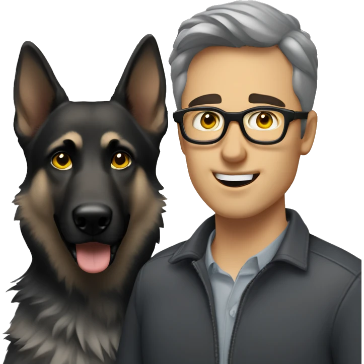 A guy with brown hair, gray eyes, and thin, stylish black glasses, accompanied by a gray German Shepherd (female) with yellow eyes. emoji