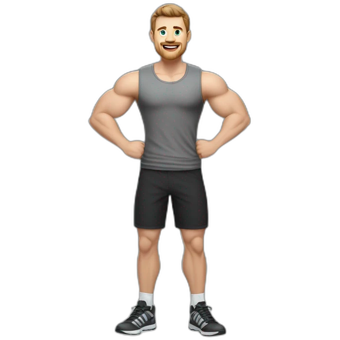Full height realistic Actively gesturing with hands Pale skinned Fit Man With the biceps and brown hair in dark gray Sleeveless Mike, black oversize sports shorts, watch and white Sneakers emoji