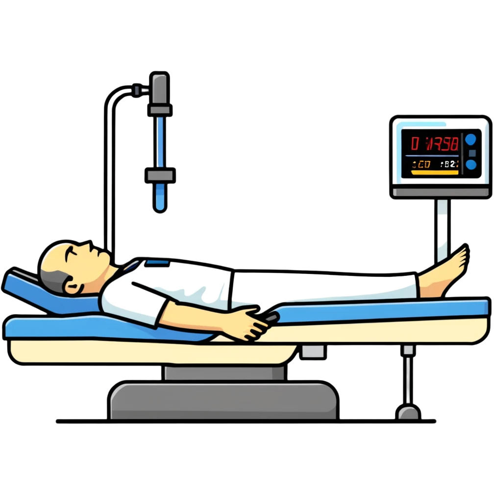 Medical DEXA scan machine with male patient lying flat on table, technician operating bone density measurement equipment, side view emoji