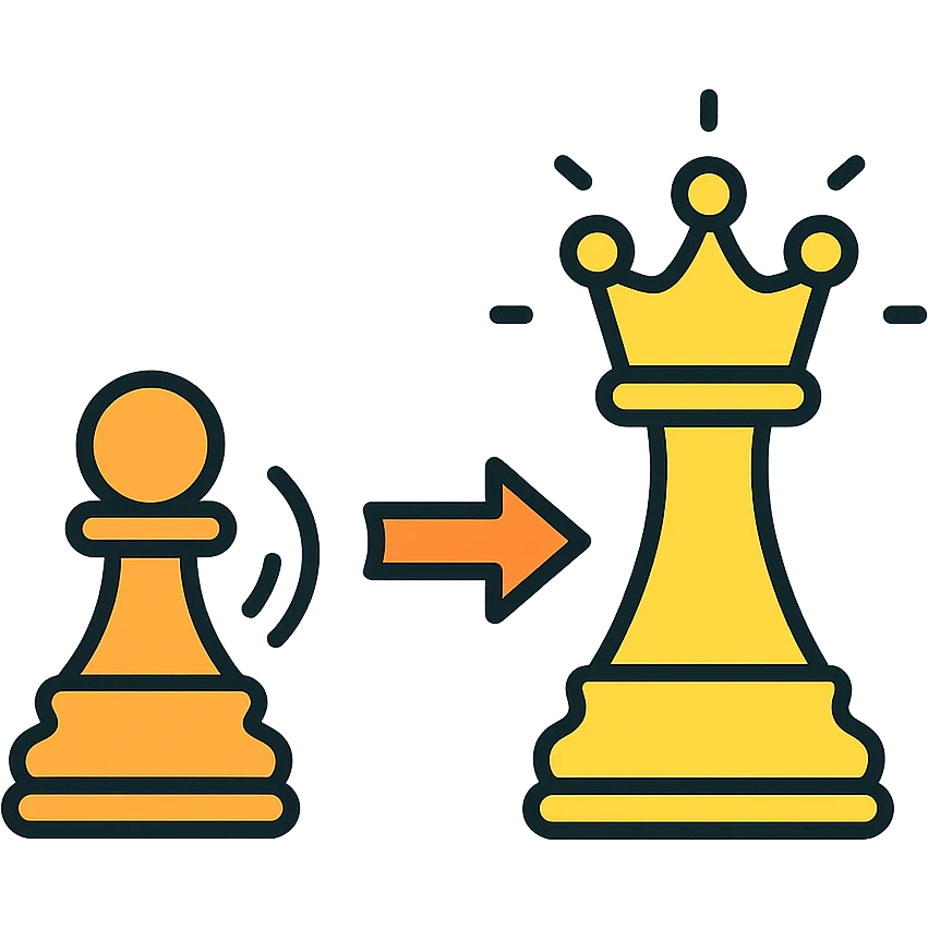 chess pawn transforming into a queen, dynamic motion, clear distinction between pawn and queen, visually striking, suitable for an icon emoji