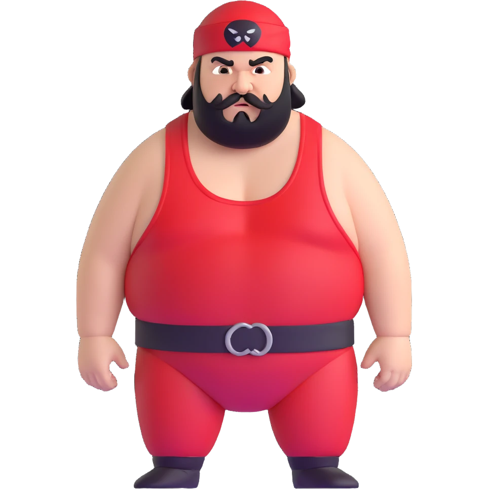 Close-up of morbidly obese white skin guy with young face, prominent BLACK DURAG tied clearly on head, distinct black beard and mustache, no muscle, black eyes in a red and black wrestling singlet with angry face emoji