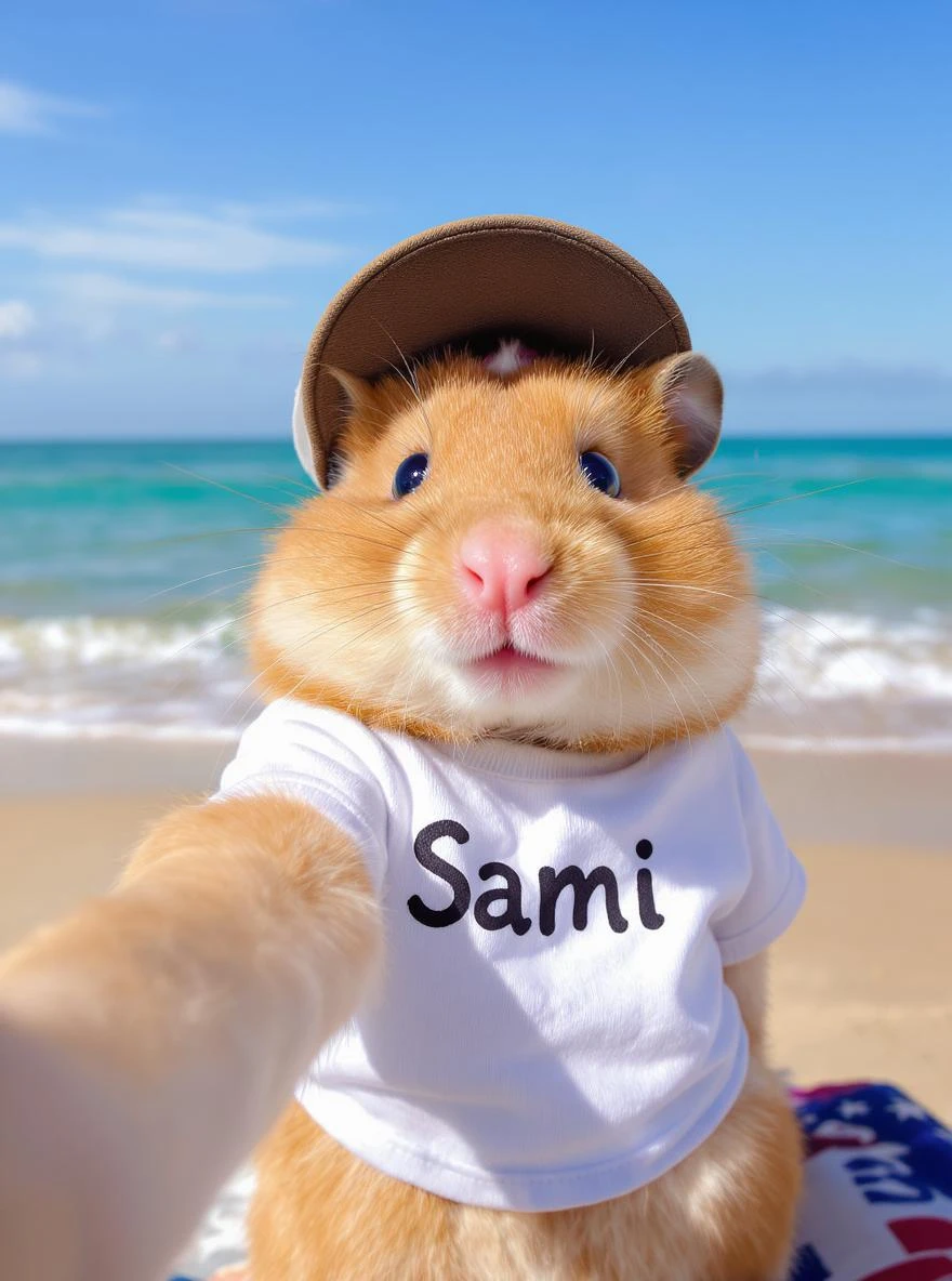 Orange tabby hamster in a t-shirt saying "Sami" and cap taking selfies against the background of beach and blue sea, shot with an 85 mm f/11 lens, ISO 100, 8K RAW, no blur emoji