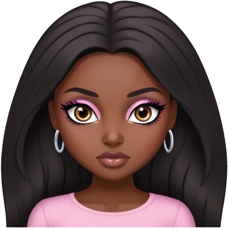  long dark hair, dark skin skin, dark brown eyes, pretty bratz baddie, black eyeliner, blush emoji