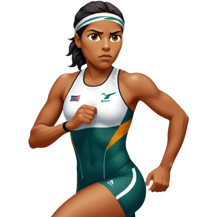 Cinematic Realistic portrait of Cathy Freeman, shown as an iconic Australian athlete with a focused, determined expression and modern athletic attire accented with subtle native motifs, rendered in dynamic, vibrant lighting emoji