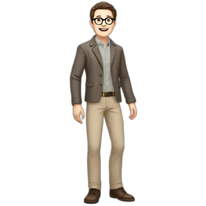 Joyful Full height Pale skinned Fit Man With dark brown hair in gray classic jacket, beige office shirt, Brown pants and vintage glasses. Thrumbs of his palms are up emoji