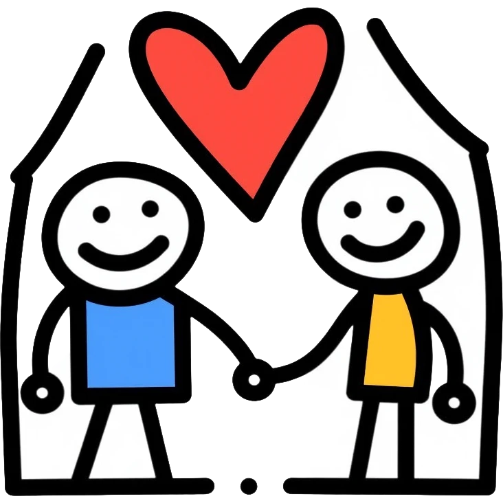 Two simple figures holding hands in front of a house with a heart surrounding them, Keith Haring style with bold lines and simple colors emoji