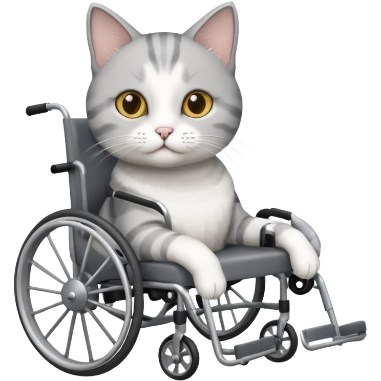 grey and white cat in a wheelchair designed for cats to walk emoji