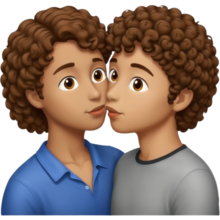 2 people kissing, brown curly hair female. brown short hair male.  emoji