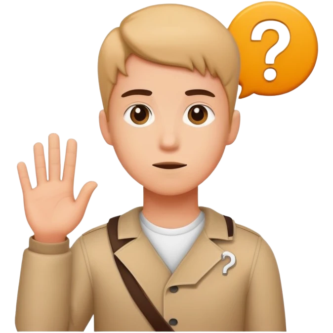 young character standing with a small help icon or question mark above their shoulder emoji