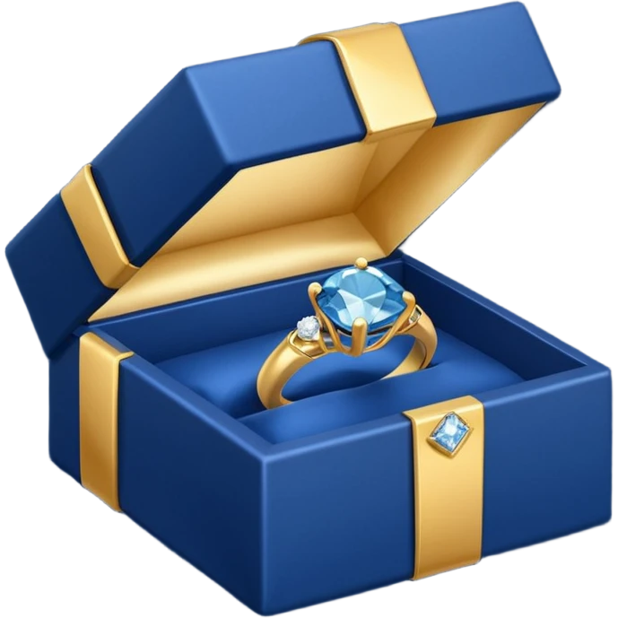 A dark blue gift box for jewelry containing a gold ring with a diamond emoji