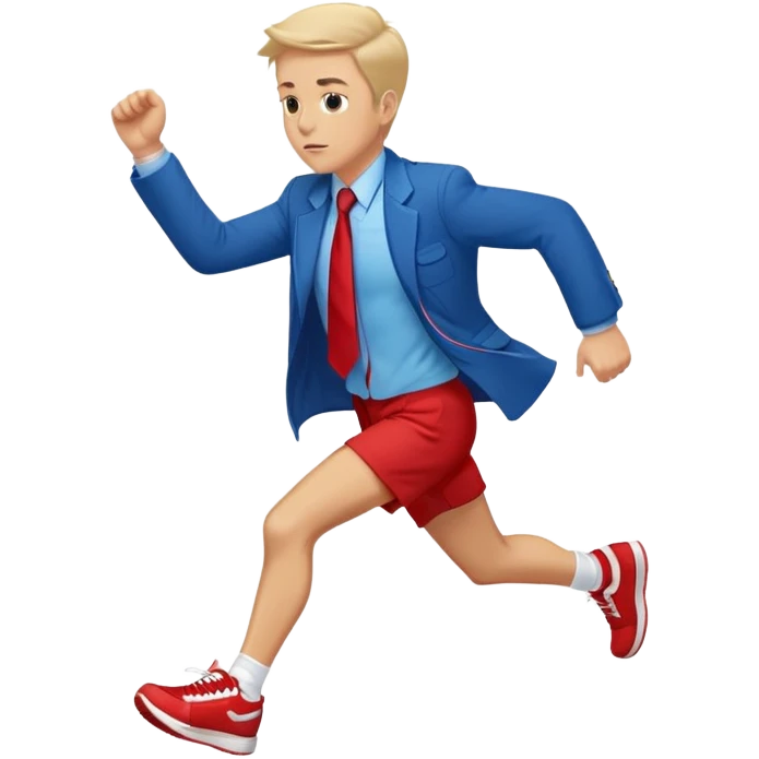 a running white man wearing a blue jacket, shorts, red sneakers, and a flowing red tie emoji