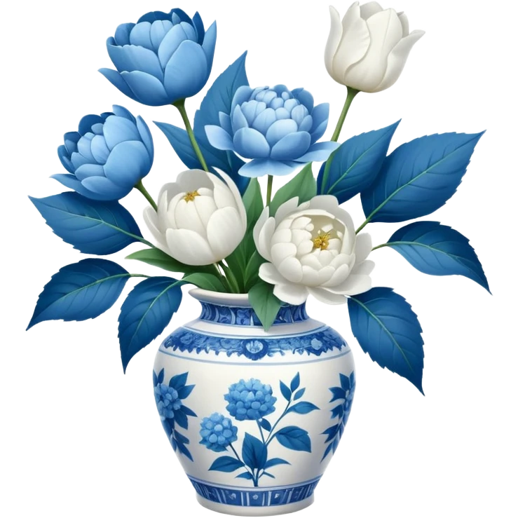 Blue and white toile pattern vase, with white peonies, white tulip, and hydrangeas, with some greenery filler plants emoji