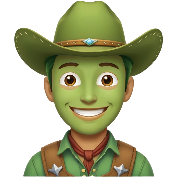 A green cowboy, smiling face with a cowboy hat and green skin emoji