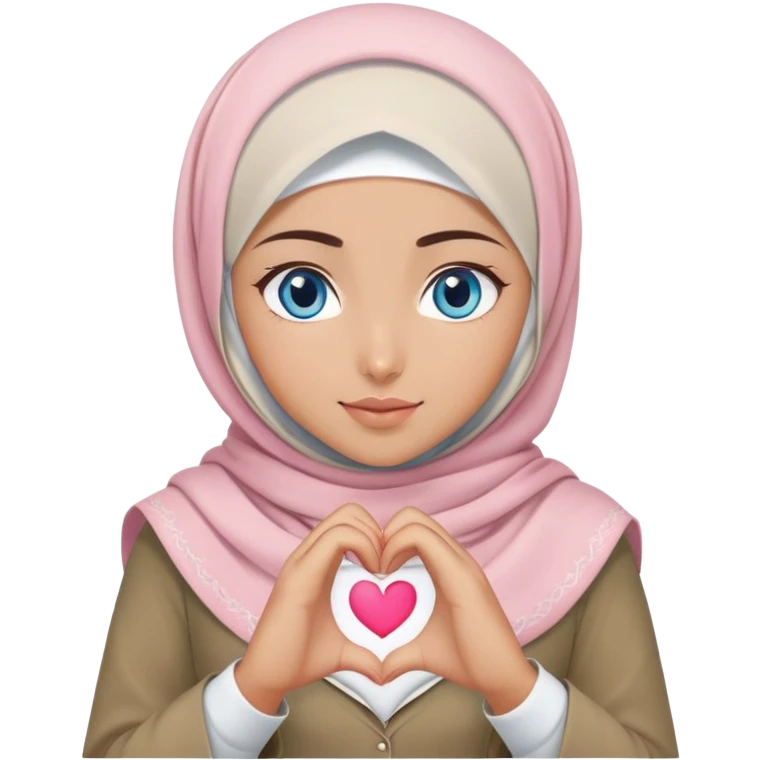 Turkish beautiful finish Konya girl blue eyes with khaki and light pink hijab islamic dress and making heart with hands emoji