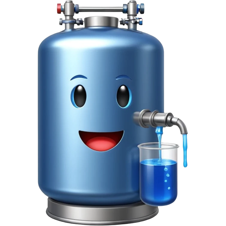100 liter stainless steel biofermentor filled with blue liquid inside, emoji style emoji
