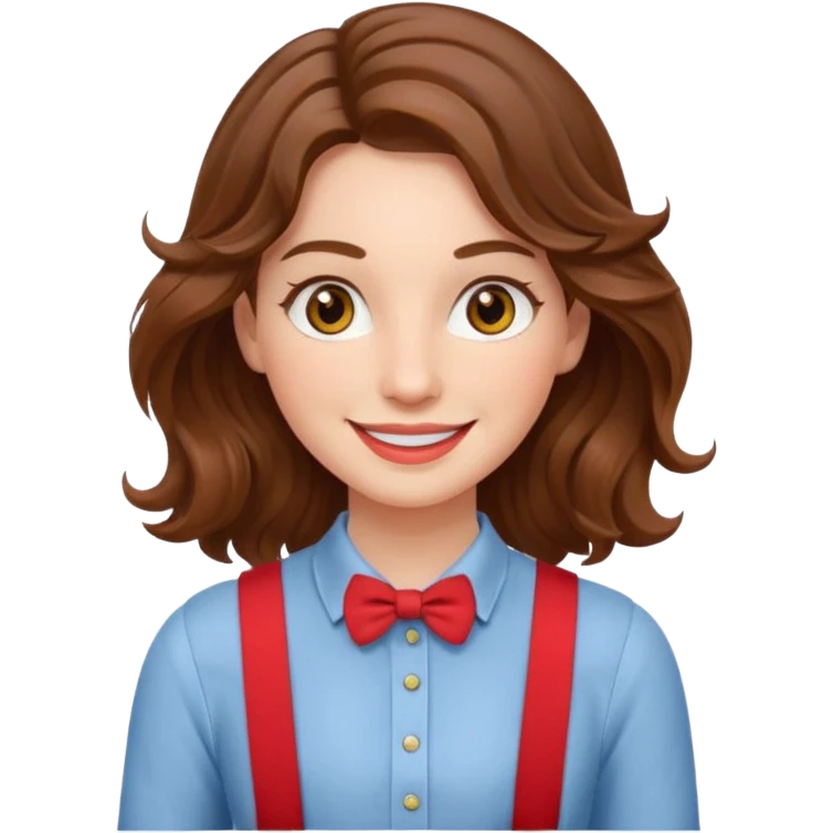 Woman with wavy brown hair and hazel eyes wearing red trouser suspenders  emoji
