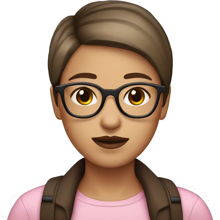 Girl with glasses with brown very short straight hair white skin brown eyes glasses pink lips mole on chin emoji
