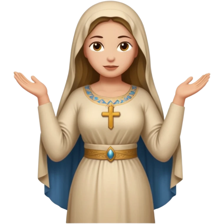 fullbody Mary Magdalene, voluptuous and strong, very pretty detailed face, plain light tan biblical dress, arms down pose, emoji style emoji