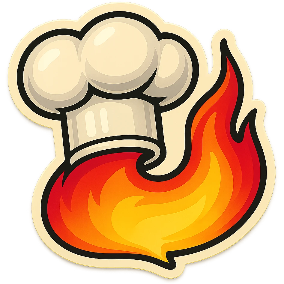 chef's hat pumping with a trail of fire emoji, playful, flame red gradient, hat is white, vibrant, flame matching style reference file emoji