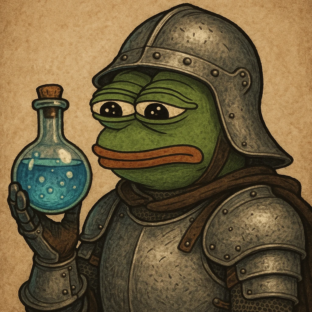 Пэпэ in a medieval armor, holding a potion bottle emoji