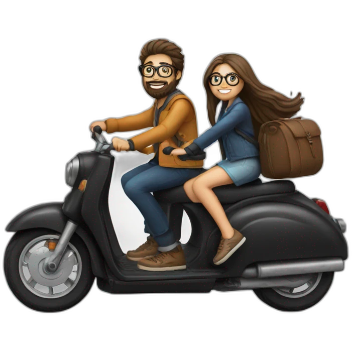 long haired boy with beard and spectacles and girl on back riding on black scooter emoji