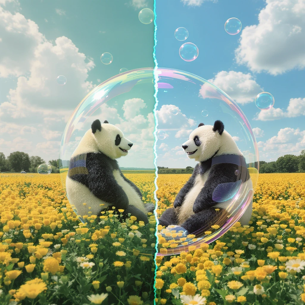 Cinematic still pandas bears sitting inside bubbles flying over field full of flowers, sunny summer day, happy vibe, minimalisic, composition splited to hald (sky and flowers) emoji