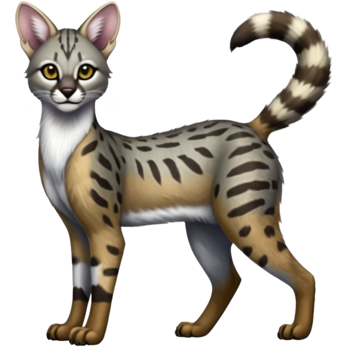 Realistic patterned marked edgy greyish blackish whitish silvery Shiny Colorful Glossy Genet-Caracal-Lion-Bobcat-fusion-animal-hybrid-creature, full body, tufted ears, long thin tufted tail emoji