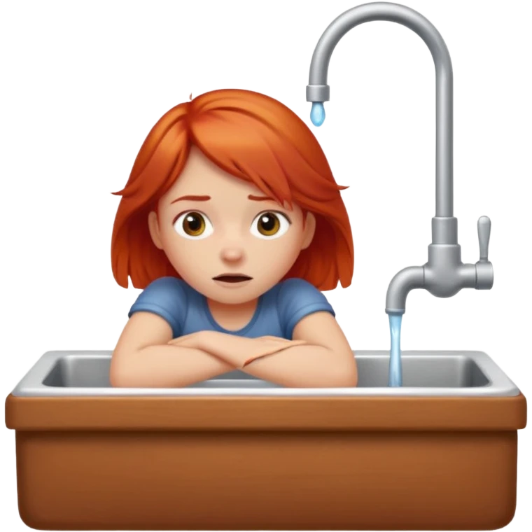 apple style emoji of a red-haired girl at a sink, unable to get water, looking exhausted and thirsty emoji