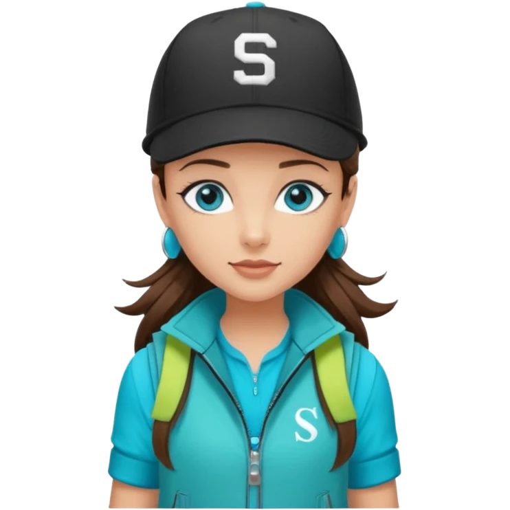 A landscaper in a beautiful turquoise jacket, turquoise rubber boots, and black pants. Over the turquoise jacket, she wears a black sleeveless vest. On her head, she wears a black Swissotel baseball cap. The girl is a brunette with blue eyes. emoji